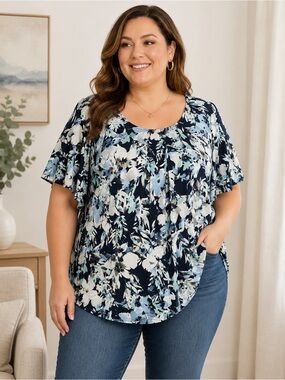 Croft & Barrow 3X Blue Floral Blouse Navy Plus Size Flutter Sleeve Stretch Top
